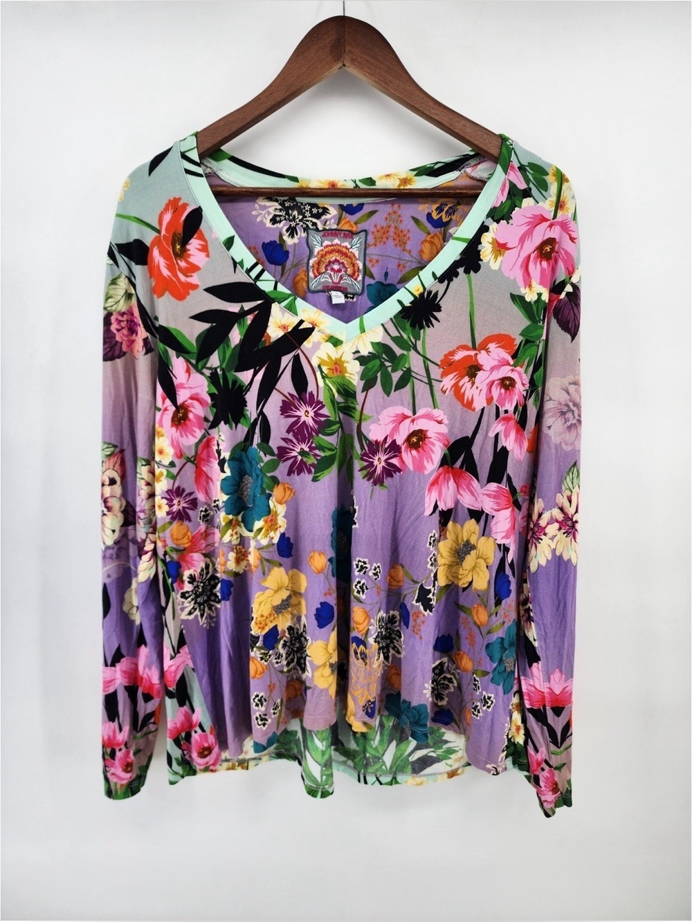 Johnny Was Womens Large Floral Bamboo Spandex V-Neck Long Sleeve Top Purple